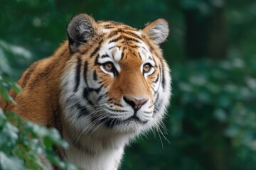 Obraz premium close-up photo of majestic siberian tiger in its natural habitat focus on its piercing amber eyes surrounded by greenery