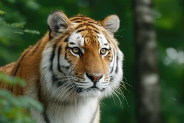Obraz premium close-up photo of majestic siberian tiger in its natural habitat focus on its piercing amber eyes surrounded by greenery
