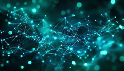 Vibrant abstract visualization of interconnected digital nodes and network pathways highlighted in turquoise hues : Generative AI