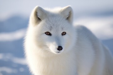 Obraz premium close-up photo of arctic with its thick white fur and piercing eyes standing amidst snowy landscape