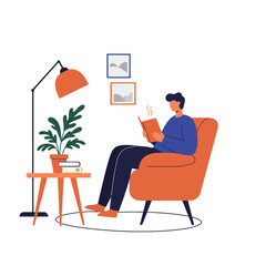 Cozy reading scene with a person in a modern chair, flat vector art