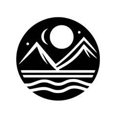 Minimalist Mountain Landscape Icon with Moon and Sun - Black & White