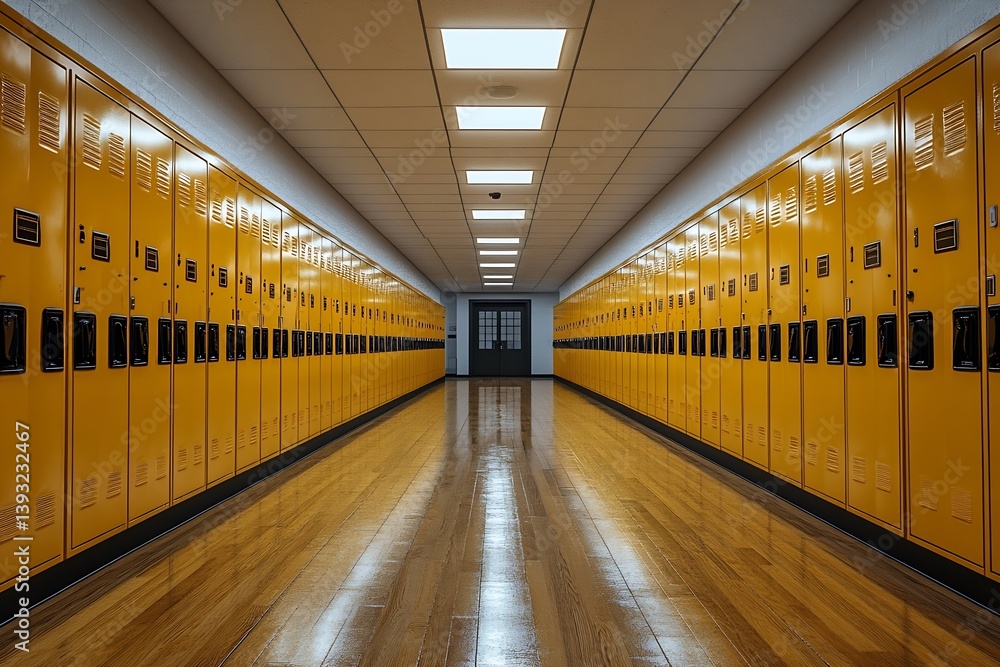 Poster school hallway perspective lined with yellow lockers illustrating education architecture and institu
