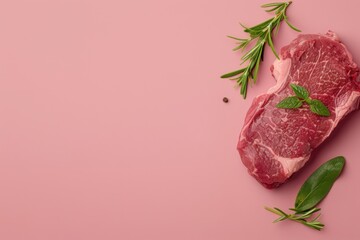 Fresh cut of beef steak garnished with herbs on a pastel pink surface