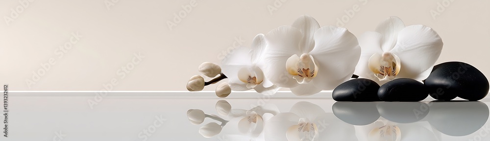 Poster elegant spa still life with white orchids and black stones reflection on wet surface for relaxation 