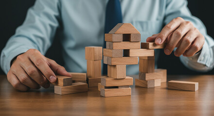 A businessman carefully constructing a wooden block tower, a symbol of strategic planning and calculated risk, under warm, focused lighting.