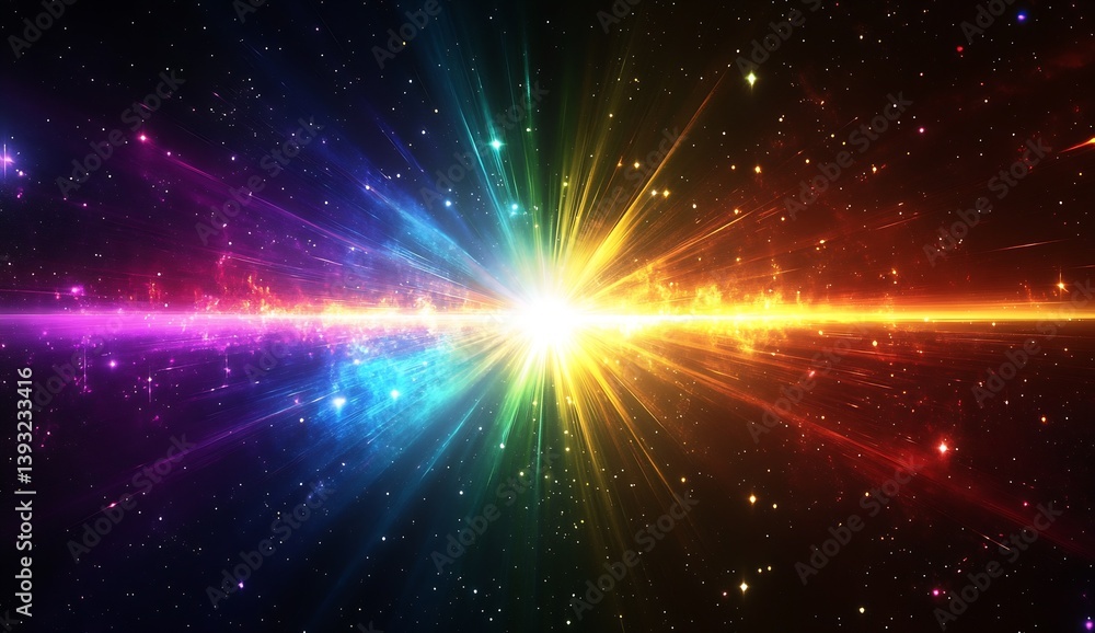 Poster Vivid cosmic rays creating an explosion of colors in the vastness of space with sparkling stars : Generative AI