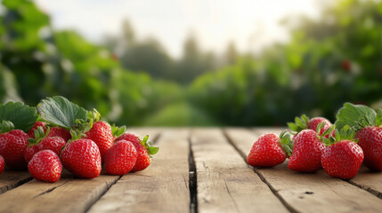 Bright red strawberries are arranged on a weathered wooden table overlooking a vibrant green farm field filled with strawberry plants. Sunlight highlights their freshness