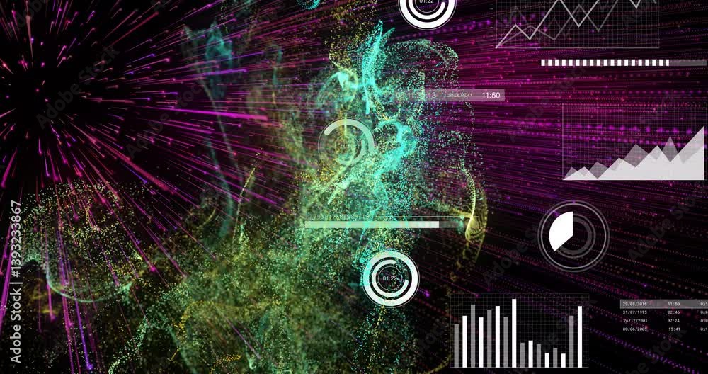 Poster animation of digital data with colorful charts and graphs in school setting