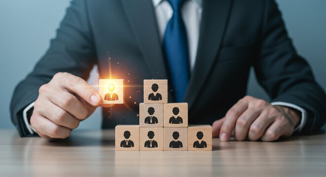 A confident businessman strategically placing a key employee atop a growing team, signifying career advancement and team success with warm light illuminating the chosen individual.