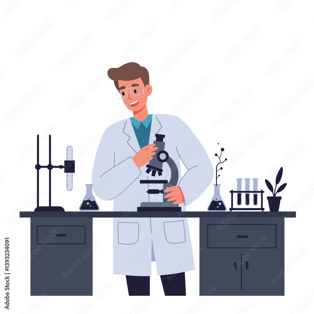 Aufkleber scientist working with microscope in modern laboratory flat vector art