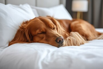 A beautiful sleeping dog resting peacefully on a comfortable bed