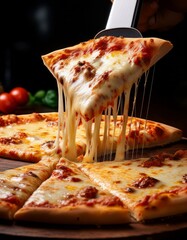 Italian Pizza, one slice lift up by pizza knife 