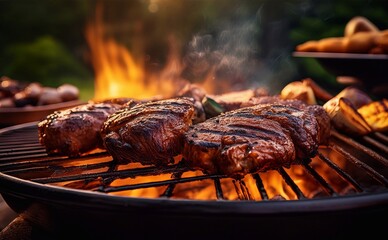 Delicious steaks and corn grilling on barbecue at sunset