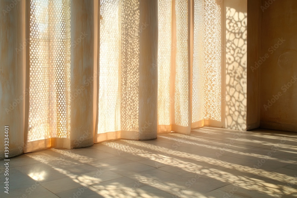 Aufkleber lacy curtains softly filtering sunlight their intricate patterns casting delicate shadows on wall