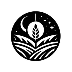 Nighttime Farm Scene: Wheat, Moon, & Stars - Minimalist Vector