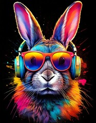 Colorful watercolor punk rabbit with sunglasses and headphones wallpaper
