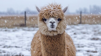 Fluffy alpaca covered in snow, looking directly at camera.