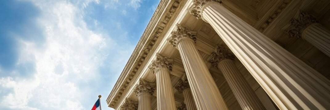 Court building featuring classical columns under a blue sky with national flag symbolizing justice and law