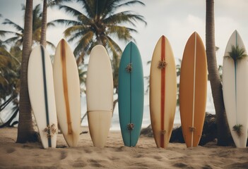 coconut trees summer beside surfboards beach sport sand vintage palm wave blue surf recreation ocean surfing island tree tropical white vacation surfboard sea board surfer shore sky tour tourism