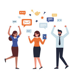 Happy people celebrating success with speech bubbles in a flat design vector illustration