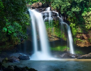 Fototapeta premium Green forest, big trees with green leaves canopy, long exposure of waterfall, ray of light