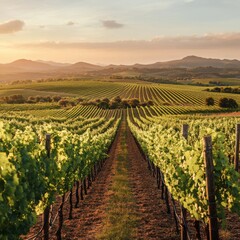 image of expansive vineyards stretching over rolling hills under a soft evening glow isolated on a plain background