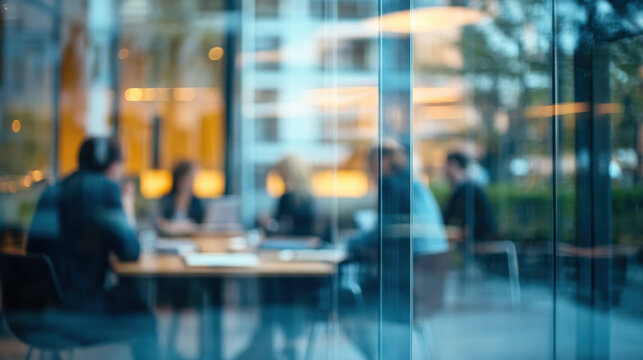A group of professionals engages in a conversation at a meeting table in a contemporary office. The vibrant atmosphere features large windows and greenery outside