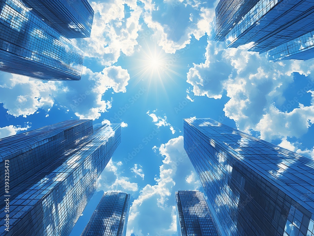Poster looking up at skyscrapers and blue sky with clouds modern city architecture business and finance dis