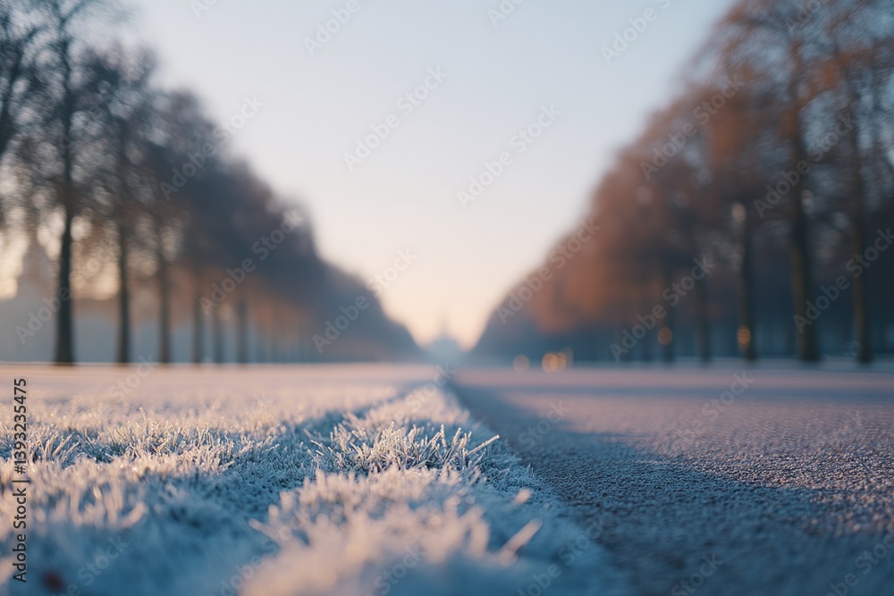 Poster sparkling frost on park pathway with trees on either side and golden sunlight breaking through