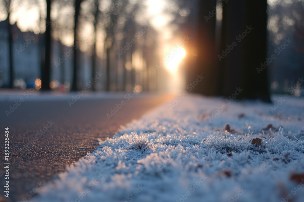Poster sparkling frost on park pathway with trees on either side and golden sunlight breaking through