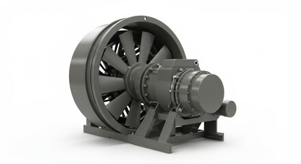 Naklejka premium Detailed gray ventilation fan unit showcases industrial power against plain white