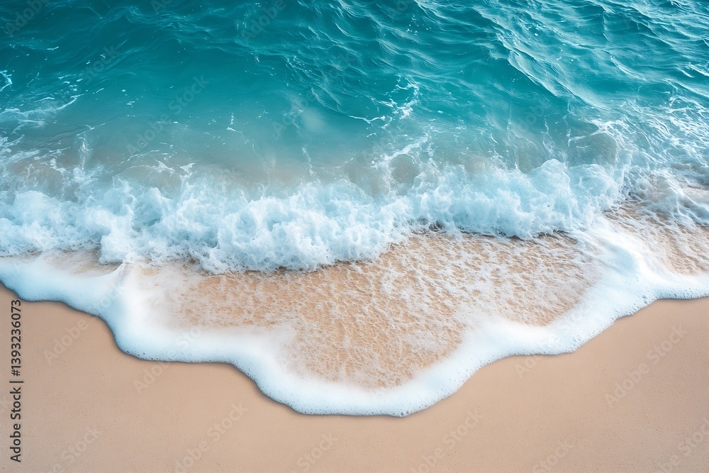Poster turquoise ocean wave rolling onto sandy beach close up aerial view beautiful coastal scene natural t