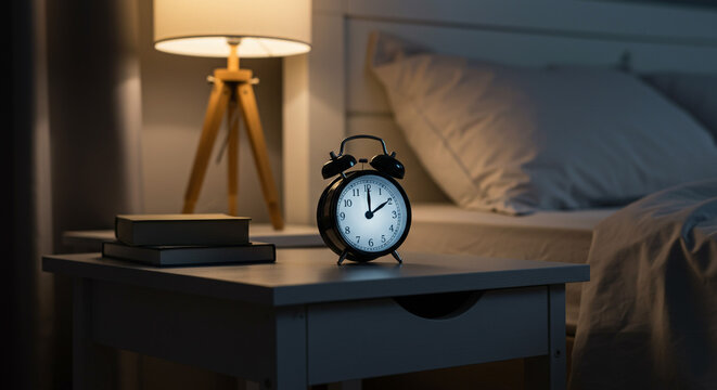 A quiet moment before sleep, a classic alarm clock glows softly on a bedside table bathed in the warm light of a nearby lamp, casting gentle shadows in a peaceful bedroom setting.
