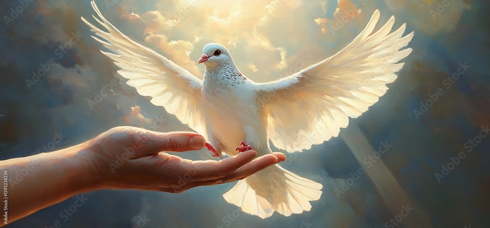 Poster majestic white dove soaring from an open hand against a stunning celestial background : generative a