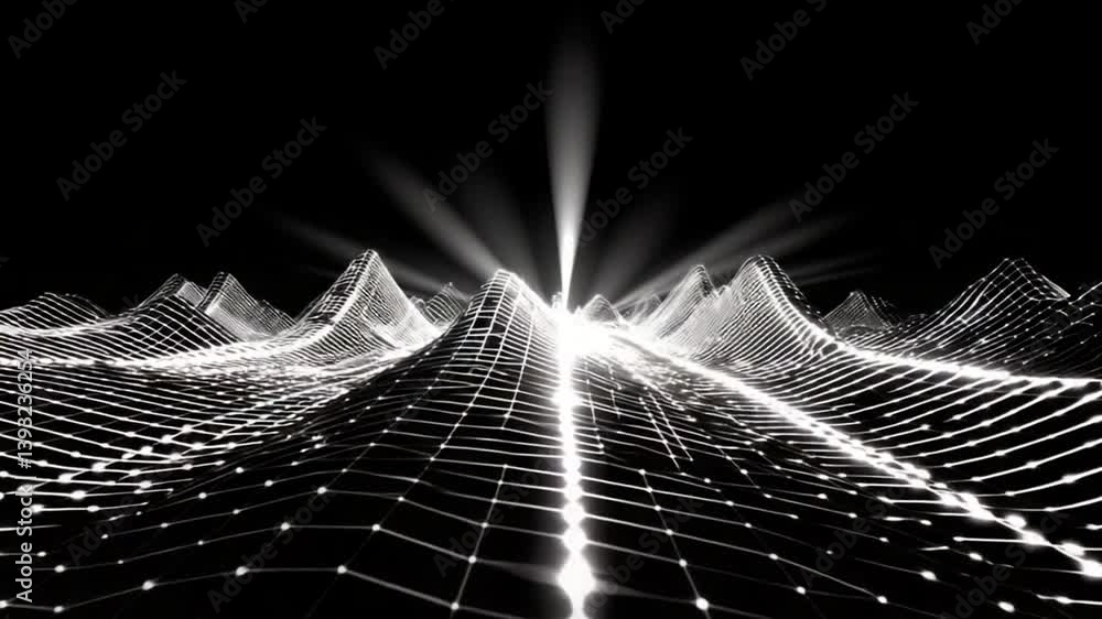 Poster digital sound wave representation with light effects and grid design generative ai