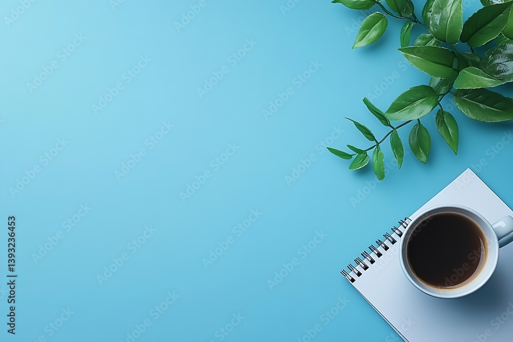 Aufkleber Top View Flat Lay with Coffee Cup Notepad and Green Leaves on Blue Background for Work and Relaxation : Generative AI