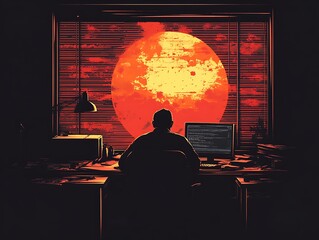 Person working on computer with the setting sun in the background