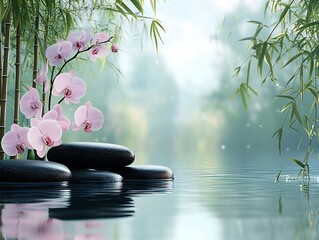 Delicate display of pink orchids and smooth stones against soft water backdrop : Generative AI