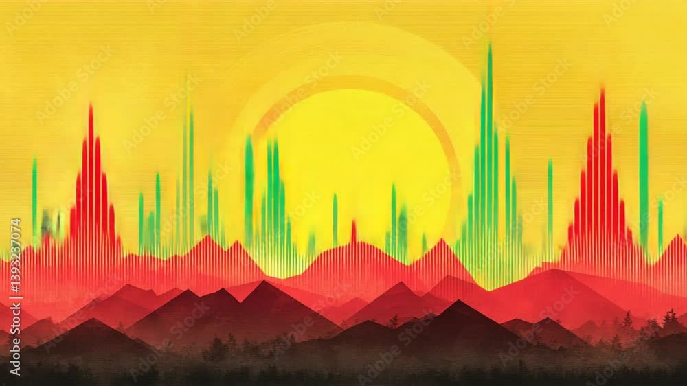 Aufkleber vibrant digital sound waveforms with sunset backdrop generative ai