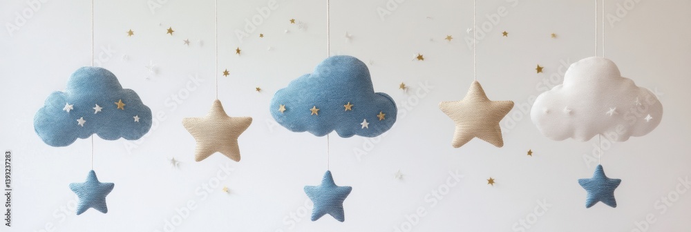 Poster delicate stars and clouds hanging from invisible strings create a magical nursery decor for a peacef