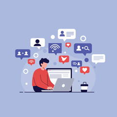 Person using laptop with social media icons in flat vector illustration