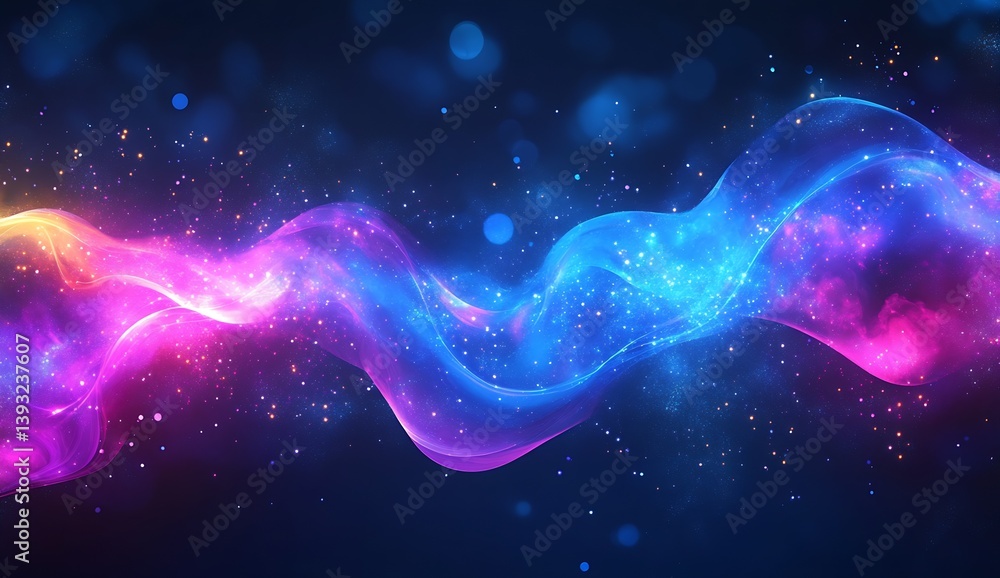 Poster vibrant and ethereal waves of light in cosmic colors featuring bright pink and blue against a dark b