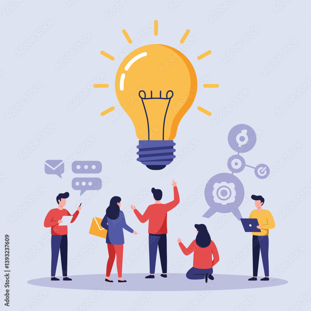Poster team brainstorming ideas with lightbulb concept in flat vector art style
