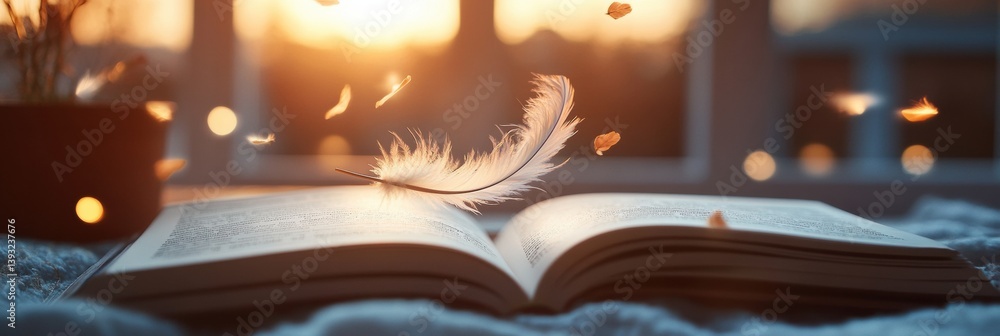 Aufkleber feather gently descending onto an open storybook in a dreamy, warm atmosphere during golden hour lig