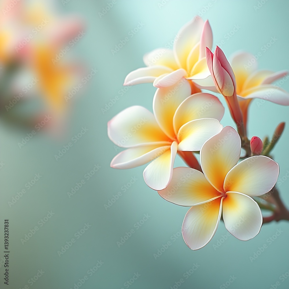 Poster Gorgeous Cluster of Plumeria Flowers in Soft Shades of Peach and Yellow with a Dreamy Pastel Background : Generative AI