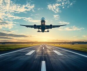 Fototapeta premium Airplane Taking Off at Sunset Beautiful Aviation Photography Flight Travel Destination Aviation Adventure and Airport Runway View : Generative AI