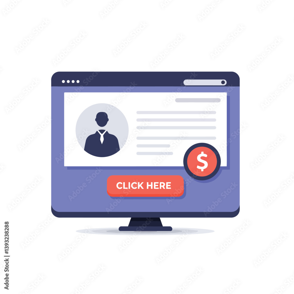 Poster computer screen displaying user profile with flat design and vibrant colors in vector illustration