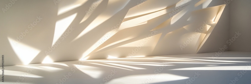 Poster cut light strips create modern art shadows on a clean white surface in a minimalist space showcasing