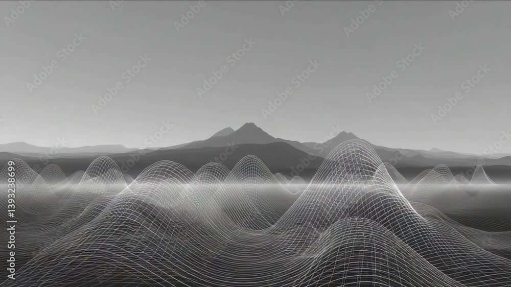 Poster digital sound waveforms create a serene landscape in monochrome generative ai